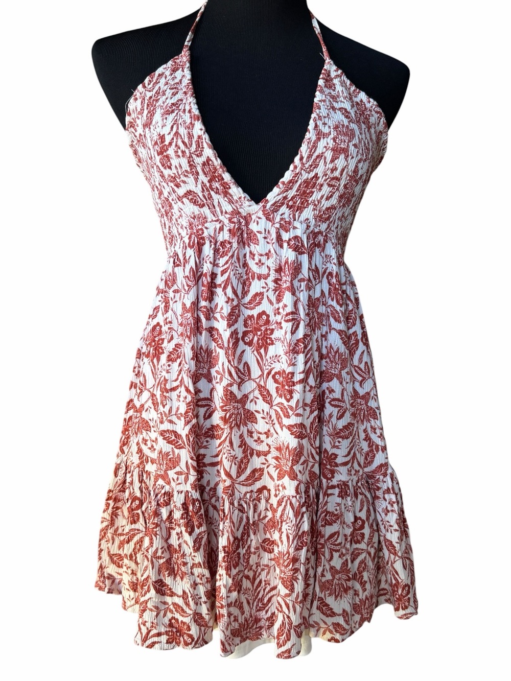 Windsor Floral Halter Dress Open Back Smocked Boho Babydoll White Rust Large